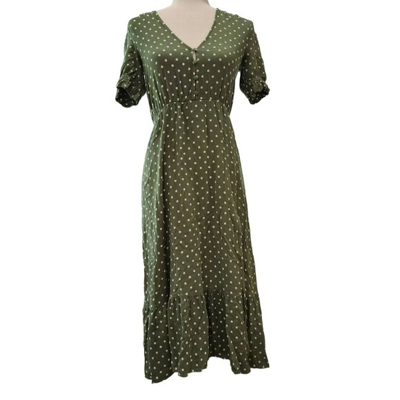 Zara Olive Green And Cream Polka Dot Short Puff Sleeve Midi Dress Size XS - Picture 15 of 15